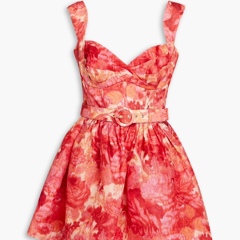 ZIMMERMANN Belted floral-print linen and silk-blend peplum mini dress BNWT